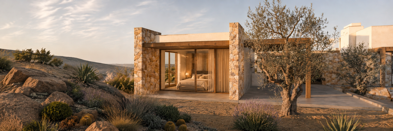 natural stone villa blending into desert surroundings